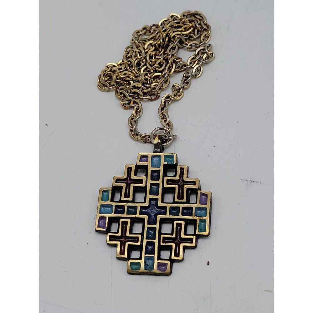 Terra Sancta Guild Israel Enameled Cross Brass Pendant 1969 Vtg Religious
